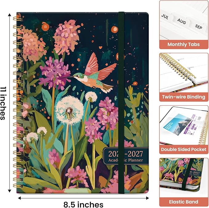 Planner 2026-2027, Academic Year Monthly and Weekly Calendar Planner, Jul 2026 - Jun 2027, Hardcover Teacher Student Planning Agenda book with Tabs, Perfect for School Office Supplies, 8.5" x 11" - Humming Glow