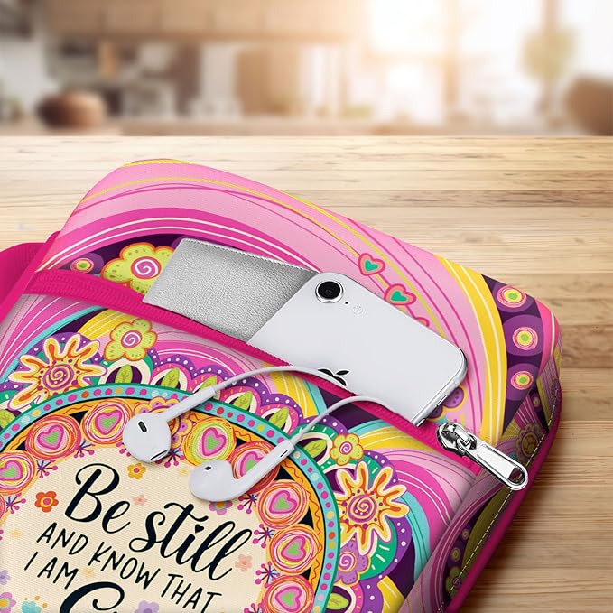 Be Still Bible Cover for Women Girls, Inspirational Bible Case with Handle and Zipper Pocket, Colorful Floral Canvas Bible Bag, Fits Standard Size Bible, Christian Gift for Faith