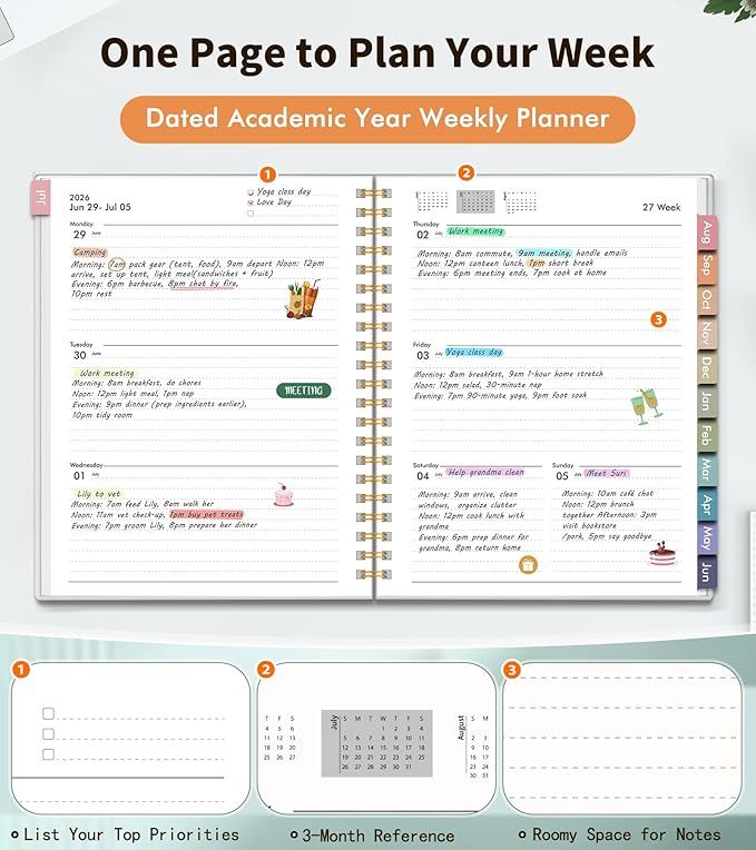 Academic Planner 2026-2027, Weekly and Monthly Calendar Planner from July 2026 - June 2027, 6.1" x 8.2" A5 Large Daily Agenda Book with Tabs, Flexible Cover, College School Organizer for Student Teacher,Watercolor Floral