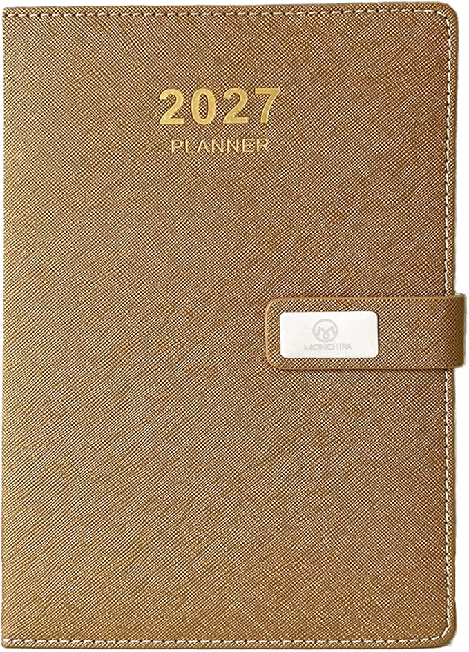 2027 Daily Planner – One Page Per Day, 12-Month Calendar (Jan–Dec 2027), Hourly Appointment Book, 5.7" x 8.26" Leather Cover, Thick Paper – Hourly, Daily & Monthly Organizer (Yellow)