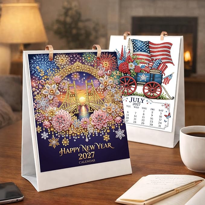 2027 Standing Desk Calendar DIY Diamond Art Painting Monthly Flip Dates Holiday Double-Sided Pattern Tabletop Calendars Diamond Art Craft Supplies Planner Office Home-Holiday