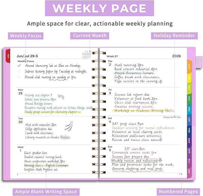 EMSHOI Academic Planner 2026-2027, Weekly and Monthly Calendar (July 2026 - June 2027), School Student Teacher Agenda Book, 100GSM Paper, PVC Cover, Colorful Tabs, A5 (6.38" x 8.35"), Purple
