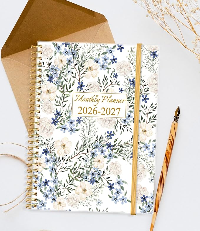 Monthly Planner 2026-2027 - Monthly Calendar from March 2026 to December 2027, 2026 Planner with Inner Pocket, Elastic Band, 8.5" x 11", Crushed Flower