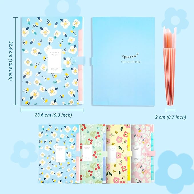 Flower Design Expanding File Folders, 8 Pocket, 4 Pack, A4 Letter Size, Poly Material, 12.8 x 9.3 in