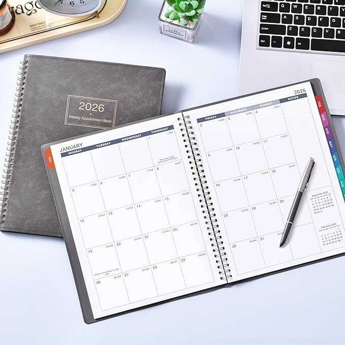2026 Appointment Book & Planner - 2026 Daily Hourly Planner, JAN 2026 - DEC 2026, 9" x 11", 2026 Planners, 2026 Weekly Appointment Book with 15-Minute Interval, To Do List, Colorful Tabs, Leather Cover - Grey
