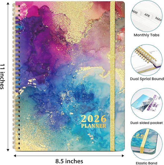 2026 Planner, Weekly and Monthly Calendar Planner Book, January 2026 - December 2026, Hardcover Spiral Planner with Monthly Tabs, Notes Pages, Perfect for Women & Men, A4 (8.5" x 11") - Gold