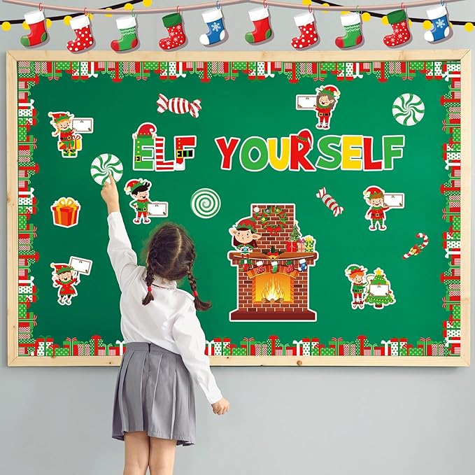 86 Pcs Christmas Bulletin Board Decorations with Gift Boxes Borders Xmas Elf Fireplace Candy Cutouts Christmas DIY Photo Sign for Classroom Decoration School Home Holiday Party