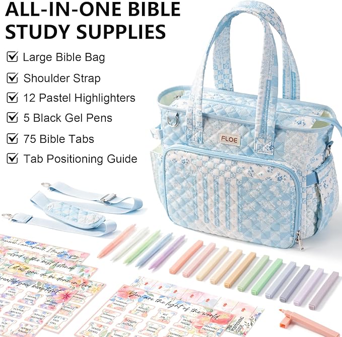 Large Bible Bag for Women Bible Cover Case, Quilted Puffer Bible Tote Bag Church Bag w/Shoulder Strap, Bible Study Supplies Journaling Kit Accessories Tabs, Mothers Day Christian Gifts for Women Mom