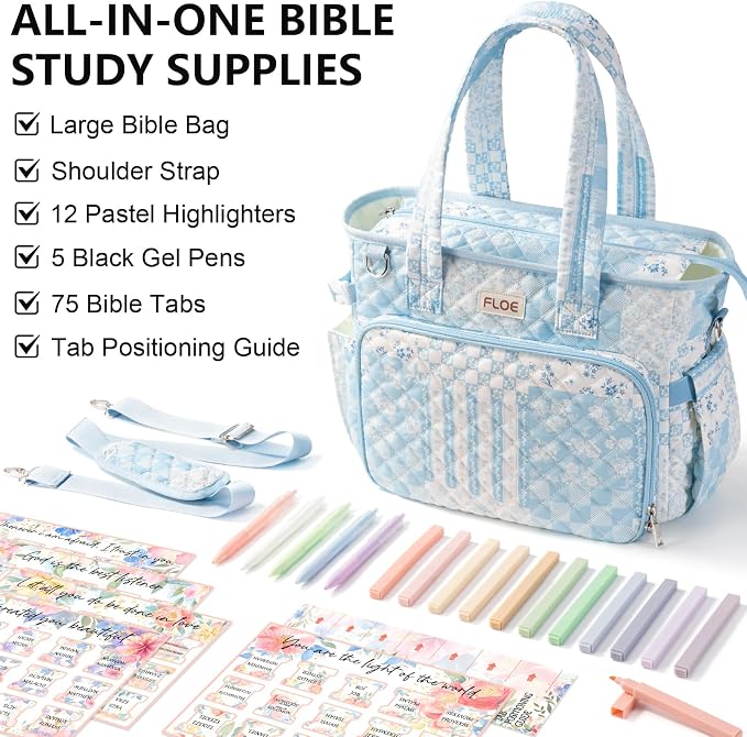 Large Bible Bag for Women Bible Cover Case, Quilted Puffer Bible Tote Bag Church Bag w/Shoulder Strap, Bible Study Supplies Journaling Kit Accessories Pen Tabs, Christmas Christian Gifts for Women Mom