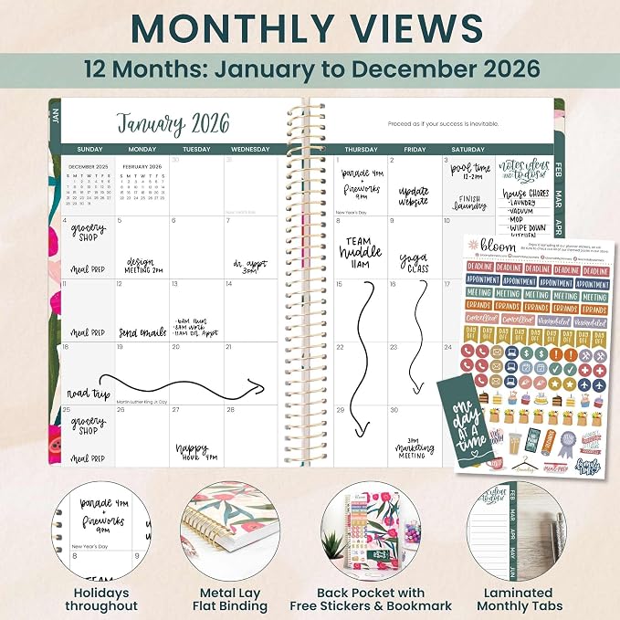bloom daily planners 2026 Planner (January - December) Calendar Year Organizer - 5.5” x 8.25” - Weekly & Monthly Agenda Book with Stickers & Bookmark - Pink Poppies