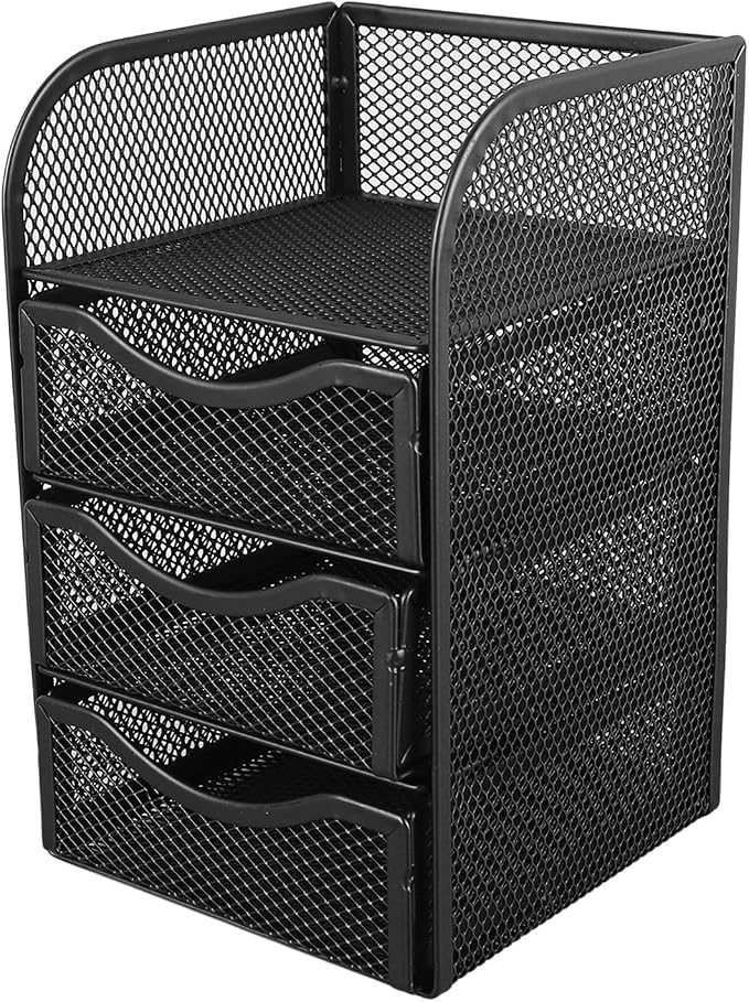 Desk Organizer with 3 Drawers Metal Mesh Slip Desktop Organizer for Office Supplies Stationery Black Office Products Desk Accessories Organizers Desk Supplies Holders