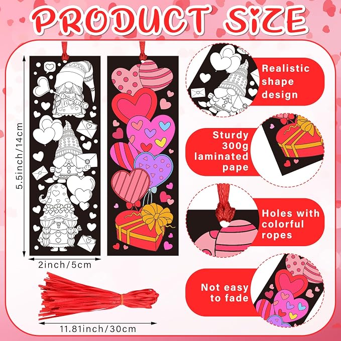 Frienda 80 Pcs Valentine's Day Color Your Own Bookmarks with Ribbon Bulk DIY Coloring Bookmarks Heart Gnome Bear Butterfly Cupid Owl Blank Paint Valentine Crafts for DIY Party