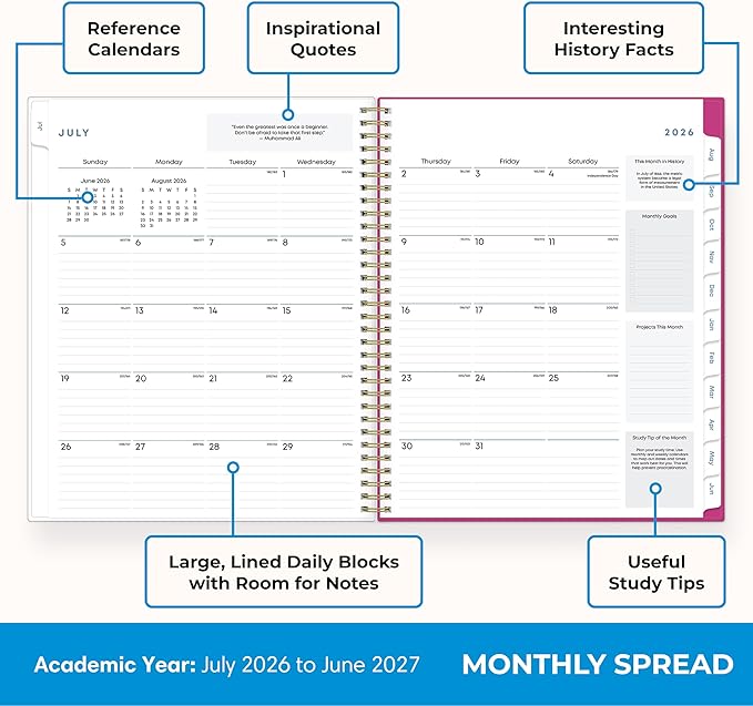 Blue Sky 2026-2027 Weekly and Monthly Academic Year Student Planner Calendar, July 2026 - June 2027, 8.5" x 11", Flexible Cover, Wirebound, Laminated Tabs, Star Confetti Bright
