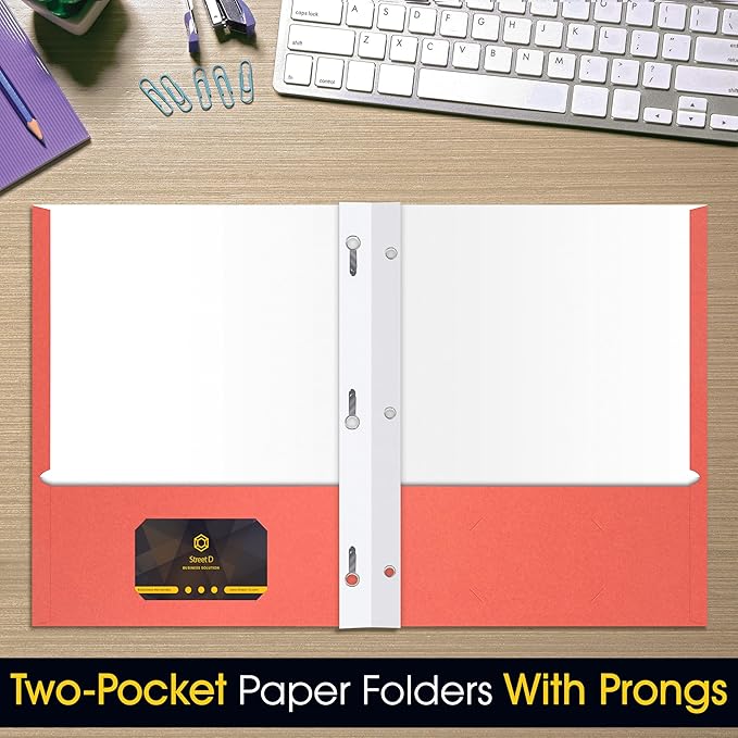 2 Pocket Portfolio Folders with Prongs (Metal Fastener Clips), 25 Pack, Cool Trendy Colors, Fits Letter Size Paper, for School, Office, Home, Matte Finish (Tropical Coral)
