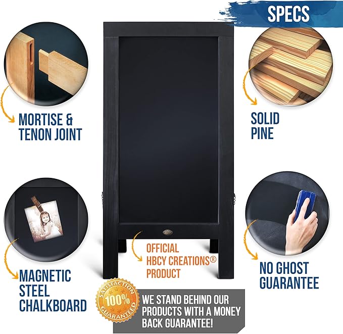 A Frame Chalkboard by HBCY Creations: 40x20 Solid Wood A-Frame Sign Black Double-Sided Magnetic Board, Chalkboard Menu Board, for Restaurants, Cafés, Weddings - Heavy Duty Hinges