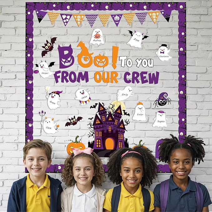 112pcs Halloween Bulletin Board Decoration Set Cute Ghost Name Tag Paper Cutouts Pull the Flag Pumpkin Bat Spider Tombstone Ghost House Cut Outs for Halloween School Home Office Wall Decor
