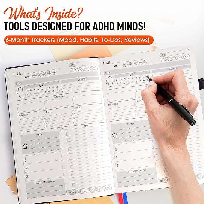 The ADHD Planner for Adults - 6 Month Undated Weekly Daily Full Focus Planner Organizer Notebook - Organizing Solutions for People with ADHD and Neurodivergent Men and Women (Black)