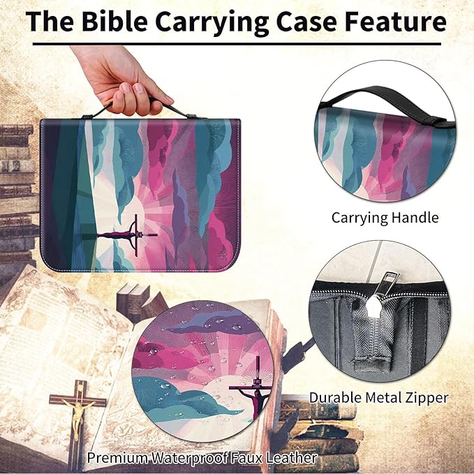 Bible Cover for Men Women,Large Leather Bible Case Fit Book Up to 11x8x2 Inch,Jesus Christ Cross Graphic Bible Covers Bible Carrier Church Bags w/Handle & Zipper