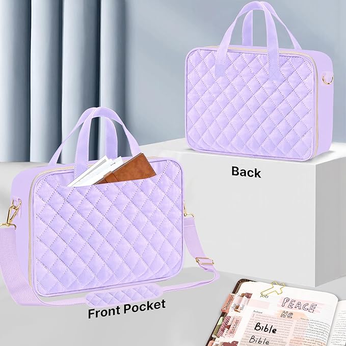 PUGPIU Bible Cover Case for Women, Large Quilted Bible Bag with Shoulder Strap and Handle, Bible Study Supplies Journaling Kit with Highlighters Pens No Bleed Tabs Notebook Cross Clips (Light Purple)