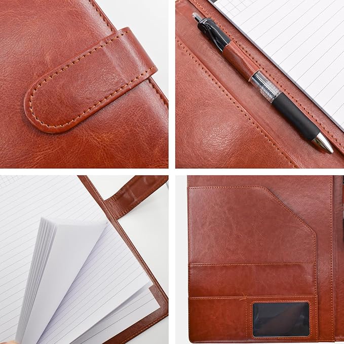 VANRA Padfolio Clipboard Folder Leather Portfolio Binder Organizer Interview Resume Folder for Papers Legal Document A4 Letter Size Writing Pad Notepad Clip Boards with Business Card Holder (Brown)