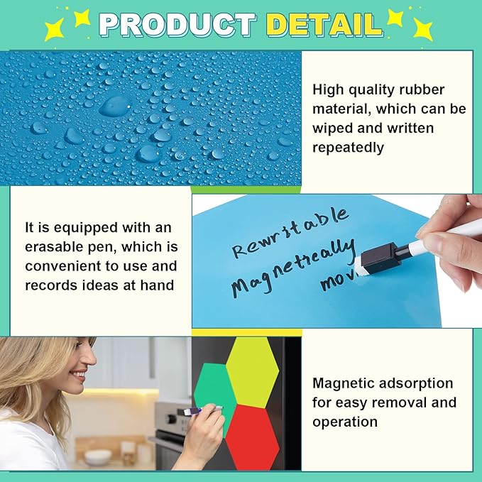 Gueevin 12 Pcs Hexagon Shape Magnetic Dry Erase Board Set 8 Hexagon Small Erase Board Magnet with 4 Dry Marker for Teachers Students, School Classroom Activity Planning, Rainbow Colors