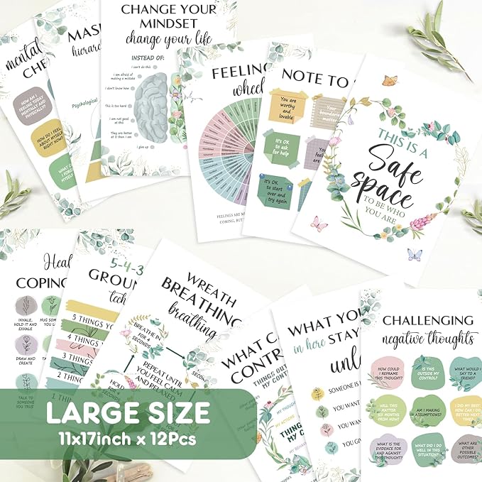 12 Pcs Mental Health Growth Mindset Change Posters Set (11x17") - Safe Space Feelings Wheel Coping Skill Poster for Therapy Counseling Office School Home Wall Decor Counselor Therapist Gifts