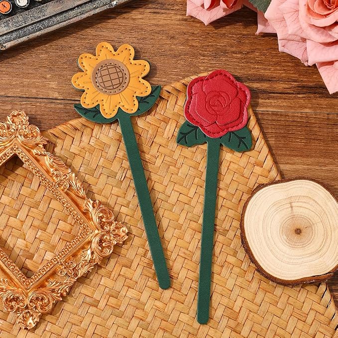 2 Pieces Bookmarks,Vintage Leather Flower Bookmarks for Women,Cute Bookmarks for Book Lovers,Teacher,Rose and Sunflower