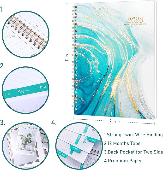 2026 Monthly Planner/Calendar - January 2026 - December 2026, Monthly Planner 2026, 12 Months Calendar with Tabs & Note Pages, 9" x 11", Twin-Wire Binding and Two-Side Pocket, Perfect Organizer