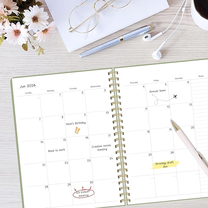 Undated Weekly Planner, 8.5" x 11", Dashboard Layout with Yearly Review, Monthly Calendars, & Weekly To Do List, Spiral Bound Organizer for Work, Study & Life (Green)
