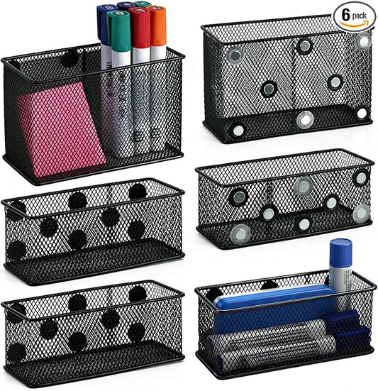 Neudeco Magnetic Locker Organizer, Wire Mesh Storage Basket, Black, 6-Pack | Strong Magnet, Pen Holder for Dry Erase Markers, For Fridge School