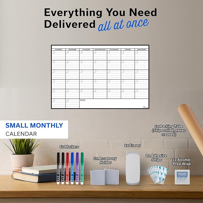 Small Dry Erase Calendar for Wall, 17x26, Small Wall Calendar Dry Erase, White Board for Office, Home & School, Erasable Whiteboard, Monthly Undated Reusable White Board Planner