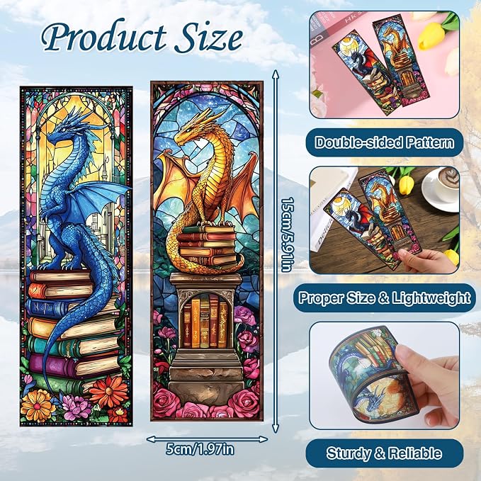 Wxiben Stained Glass Dragon Bookmarks - 100 Pcs Fantastic Bookmark Dragon with Wing Book Marks Cool Animal Book Markers Page Clip GIFS for Men Teens Students Teacher Romantasy Reader Bookish Bookworm