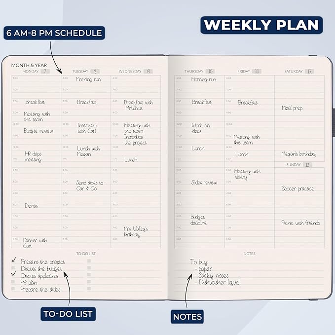 Skyline Hourly Weekly Planner – Undated Agenda & Daily Appointment Book – Time Blocking Notebook for Business Entrepreneurs, A5 (Space Blue)