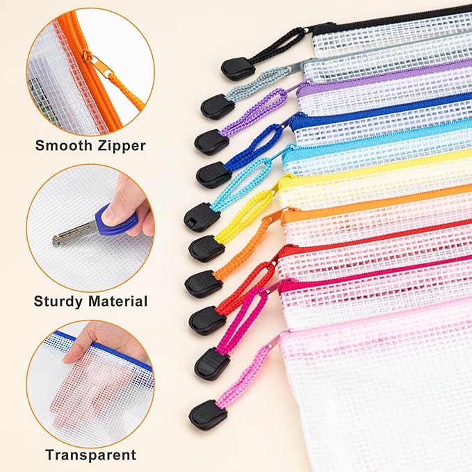 9.4x4.9 Inches Mesh Zipper Pouch with Sticker, 20 Pack Puzzle Storage Bags in 10 Colors, Organization Baggies for Travel, Office Appliances, Classroom Supplies and Home Classification