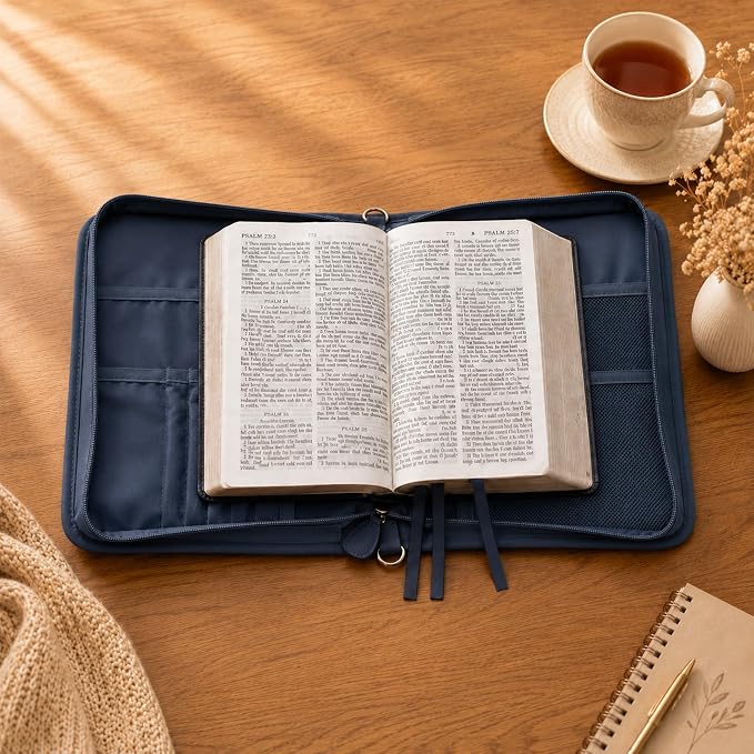 Bible Cover for Men and Women, PU Leather Large Bible Bag with Handle & Shoulder Strap, Bible Carrying Case with Cross Design and Pockets for Church, Bible Study & Christian Gifts, Blue