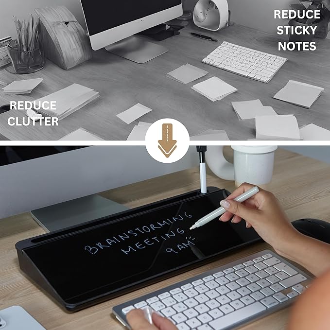 GAROOD Desktop Dry Erase Board with Storage Black Color Dry Erase Board Desk Board Glass Desktop Board with Stand Home Office Desk Organizer Phone Holder 15.8X7X2 inches