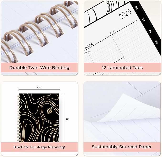 Blue Sky Idlewild 2025-2026 Weekly and Monthly Academic Year Planner Calendar, July 2025 - June 2026, 8.5" x 11", Flexible Cover, Wirebound, Laminated Tabs, Storage Pocket, Black Swirl