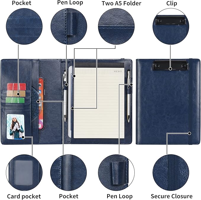 Wonderpool A5 PU Leather Clipboard Partfolio Recipe Binder Notepad Forms Holders Document Case - Interview Planner Meeting Writing Padfolio File for Office Travel School Hotel Restaurant (A5,Blue)