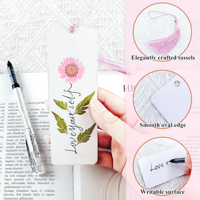 Cardstock Blank Bookmarks Set, 12 Pcs DIY White Craft Bookmarks for Pressed Flowers, Dried Floral Book Mark Making Kit with Pressed Flowers, Tassels, Book Marks for Dried Floral (Elegant Style)