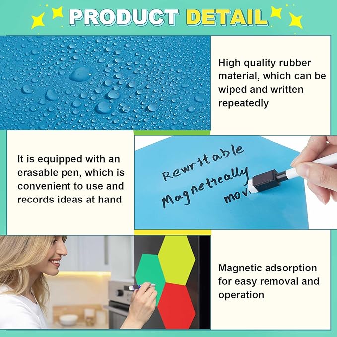 Gueevin 24 Pcs Hexagon Shape Magnetic Dry Erase Board Set 16 Hexagon Small Erase Board Magnet with 8 Dry Marker for Teachers Students, School Classroom Activity Planning, Rainbow Colors