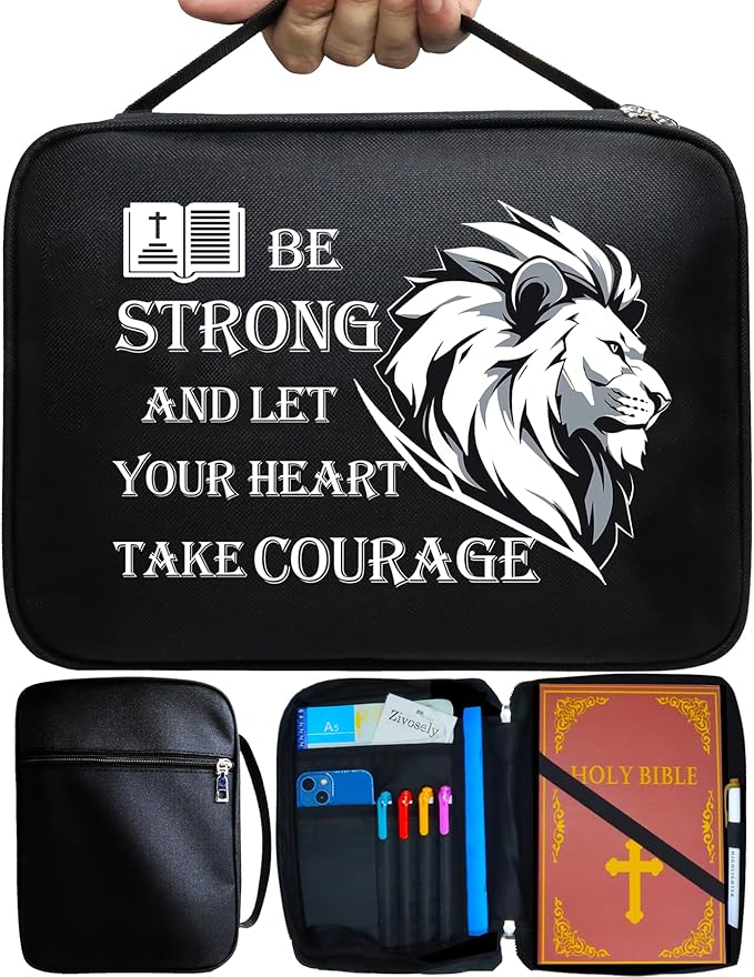 Courage Lion Bible Case, Practical Black Bible Cover Case with Handle, Pockets, Pen Slots, 10” x 8” Portable Bible Carrier Bag Fit Medium to Small Bibles Christian Church Gifts for Men Women