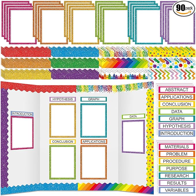 Fuyoooo 90 Pcs Science Fair Board Supplies 60 Trim Scalloped Bulletin Borders 24 Presentation Board Subtitles 6 Science Fair Titles for Classroom Display Boards(Glitter,Wave)