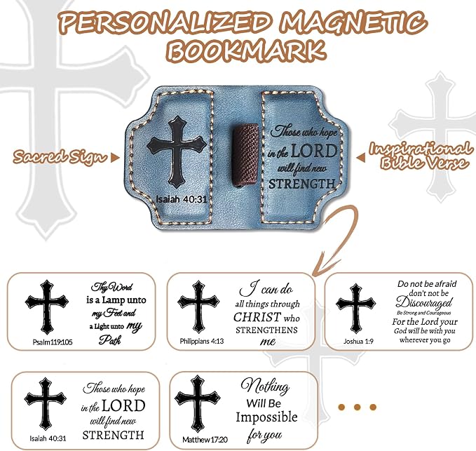 Bygone Mark Personalized Magnetic Leather Bookmark with Pen Holder,Inspirational Bible Verse Religious Bookmarks,Christian Book Lovers Reading Accessory for Men Women (Blue, lsaiah 40:31)