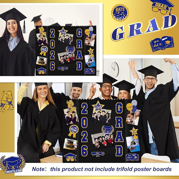 AmazingSpark 2 Sets Graduation Photo Display Board Trifold Poster Board with 12 Graduation Themed Stickers for 2026 Grad Party Decoration Picture Collage Frame Supplies (40 x 28,Blue Gold)