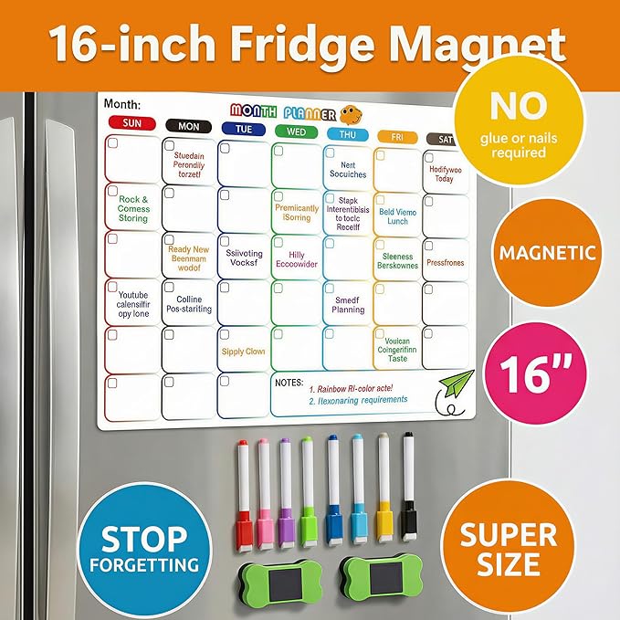 Li&Zhao Magnetic Calendar for Refrigerator - Calendar for Fridge Month Planner Whiteboard Sticker with 2 Erasers & 8 Colorful Markers - Perfect for Kitchen Meal Planning and Schedule Organizing