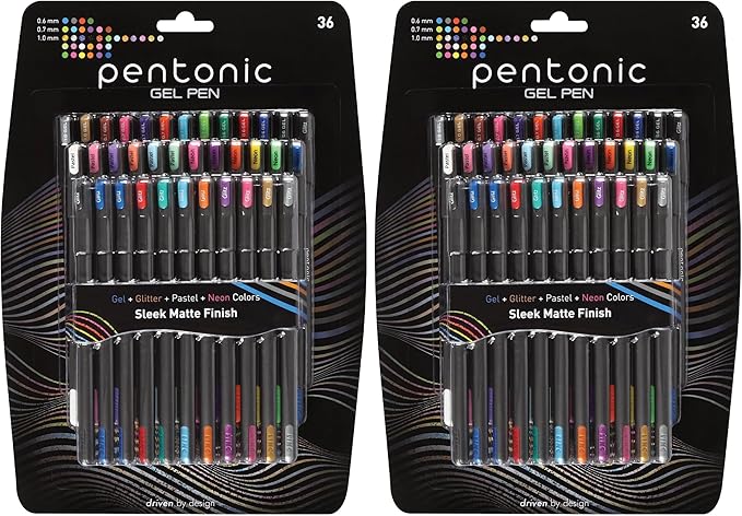 Pentonic Gel Pens, 36 Count, 36 Assorted Colors (Assorted Color, Neon, Pastel & Glitter), Medium & Fine Point, Smooth Writing For Journaling (1002358) (Pack of 2)
