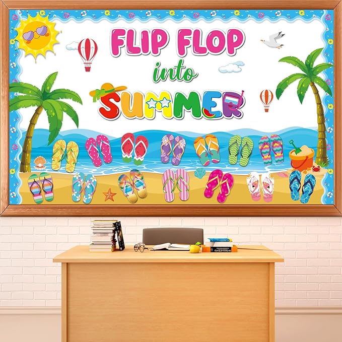 Summer Classroom Bulletin Board Decorations Flip Flop DIY Name Craft Cutouts with Paper Flip Flop Into Summer Cutouts Hawaiian Tropical Bulletin Board for Student Teacher Back to School Supplies
