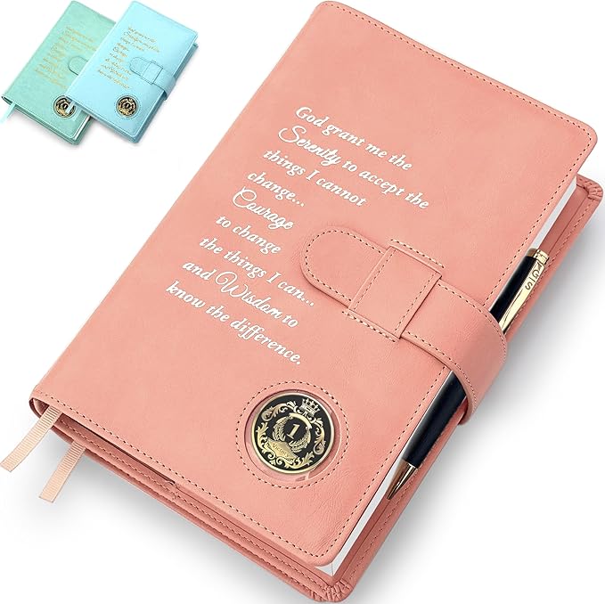 Galileo® Double AA Big Book Cover & 12 Steps & 12 Traditions | PU Leather | Coin Holder | AA Book Covers for Hardcover | AA Gift | Alcoholics Anonymous (Serenity Prayer/Pastel Peach)