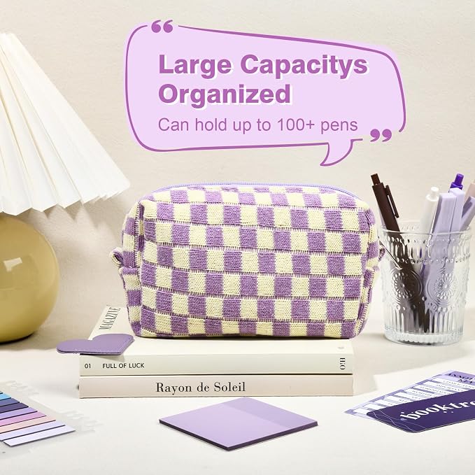 14 PCS Aesthetic Book Annotation Kit Large Checkered Pencil Case Book Lover Bookmark Dual Highlighters Gel Pens Study Supplies Stationary Set for Student Purple