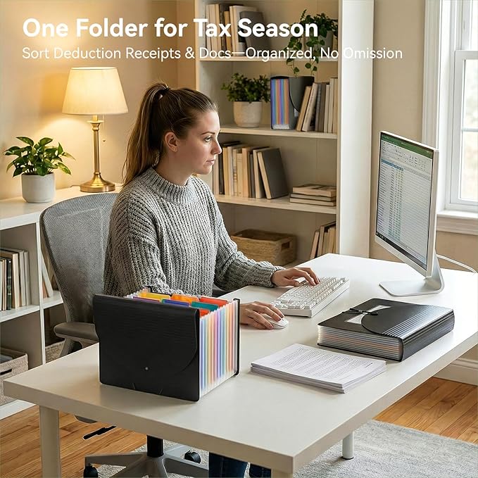 ThinkTex Expanding File Folder 12 Pockets Accordion File Organizer/Portable Expandable Plastic Filing Box, Accordion Bill/Paper/Document/Receipt Organizer Folders with Colored Tabs(A4/Letter Size)